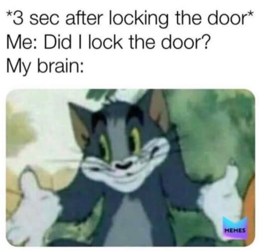 Anxiety meme *3 sec after locking the door* Me: Did I lock the door? My brain: