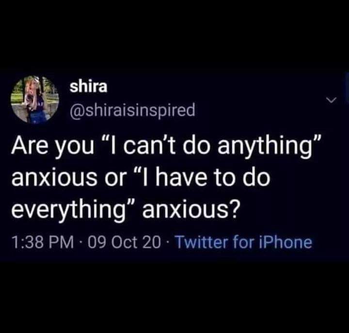 Anxiety meme Are you "I can't do anything" anxious or "I have to do everything" anxious?