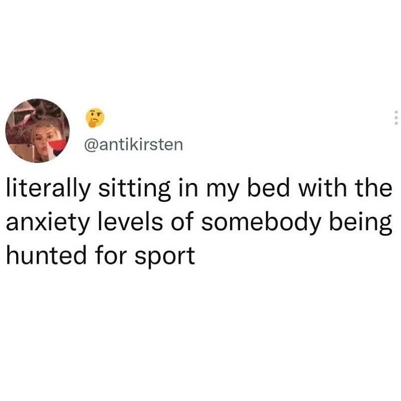 Anxiety meme Literally sitting in my bed with the anxiety levels of somebody being hunted for sport