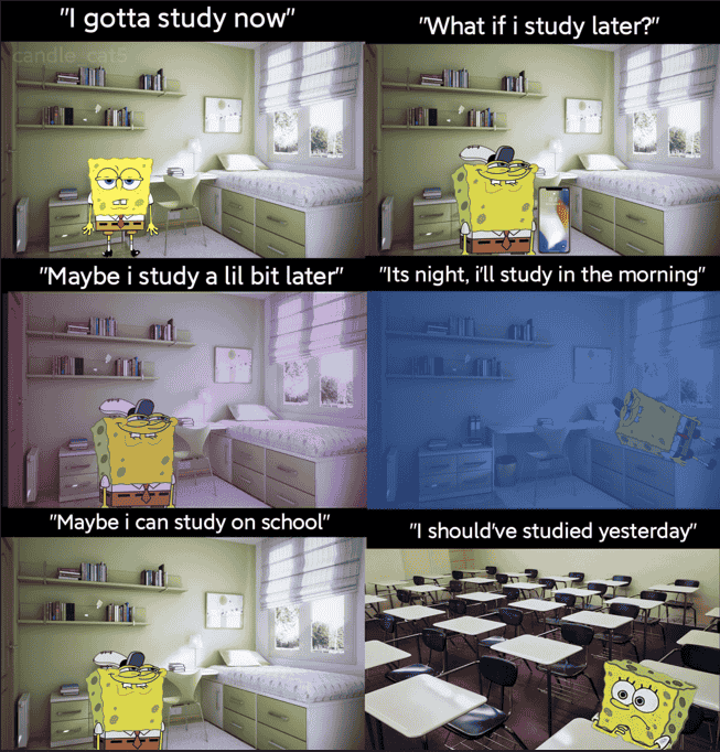 Stress meme I gotta study now, What if I study later Maybe I study a lil bit later, It's night, i'll study in the morning, Maybe I can study on school, I should've studied yesterday