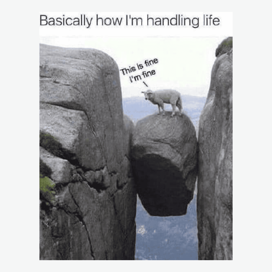 Depression meme — Basically how I'm handling life, me: This if fine, I'm fine (standing on rock between two rocks)