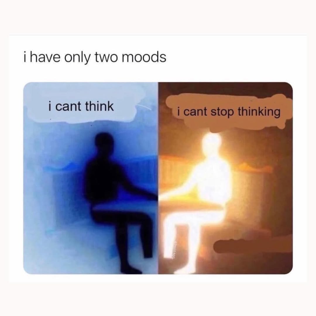 Depression meme — I have only two moods: 1. I can't think, 2. I can't stop thinking