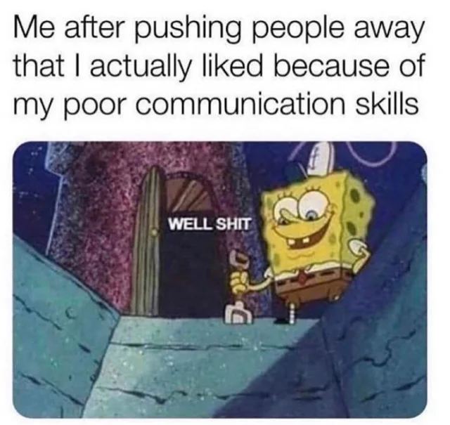 Communication meme –Me after pushing people away that I actually like because of my poor communication skills (“well, sh**”)