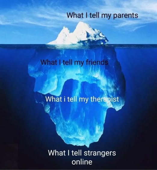 Communication meme What I tell my parents, What I tell my friends, What I tell my therapist, What I tell strangers online