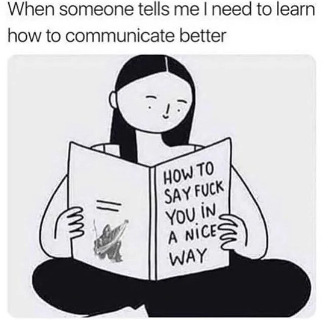 Communication meme When someone tells me I need to learn how to communicate better, Me (reading book) - How to say fu** you in a nice way