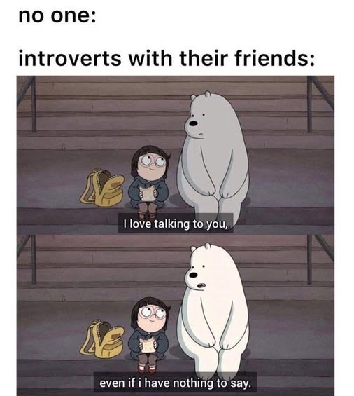 Communication meme – no one: , introverts with their friends - I love talking to you, even if I have nothing to say.