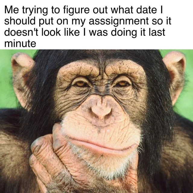 Procrastination meme Me trying to figure out what date I should put on my assignment so it doesn't look like I was doing it last minute