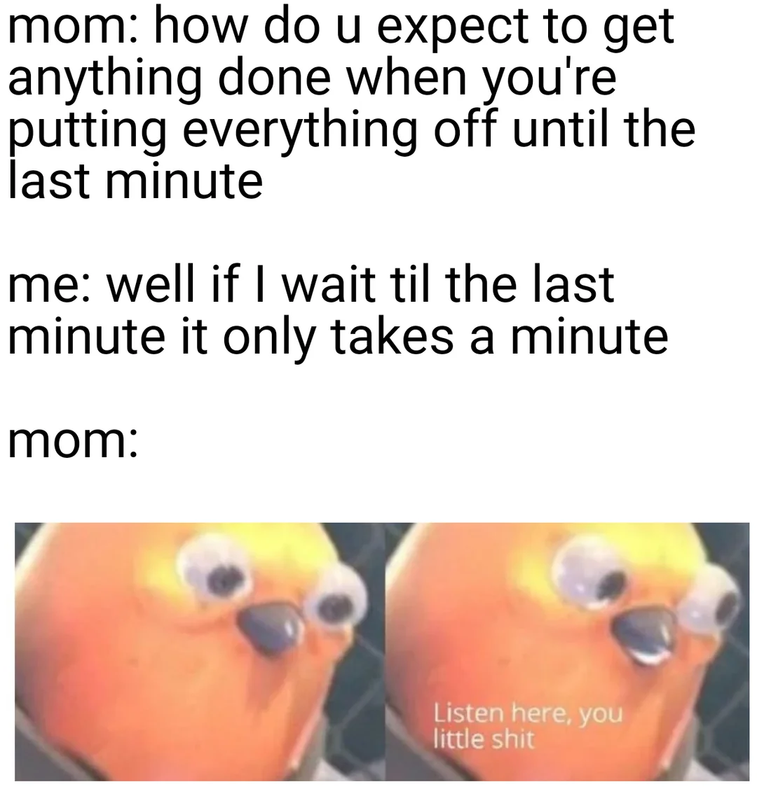 Procrastination meme Mom: how do u expect to get anything done when you're putting everything off until the last minute, Me: if I wait til the last minute it only takes a minute, Mom: Listen here..