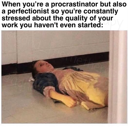 Procrastination meme When you're a procrastinator but also a perfectionist so you're constantly stressed about the quality of your work you haven't even started